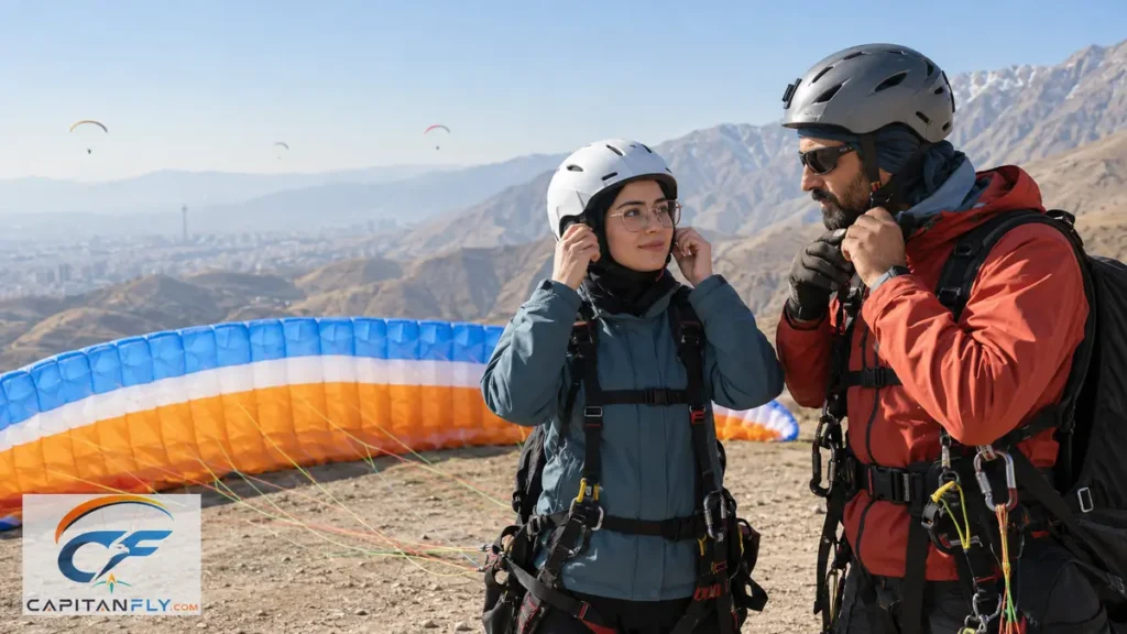 مسافر عینکی و خلبان تندم هنگام بررسی کلاه پیش از پرواز پاراگلایدر